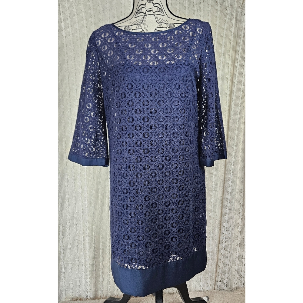 Laundry By Shelli Segal Knit Lace Overlay Mini Sheath Dress Navy Blue Size 8